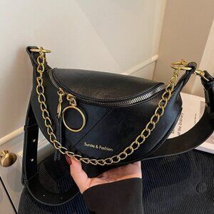 Black Faux Leather Chain Accent Handbag